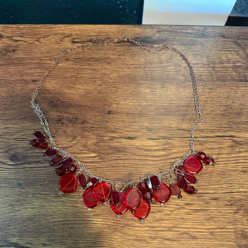 Red Bead Cluster Statement Necklace with Gold Tone Chain